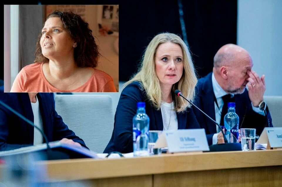 Arbeids- og sosialminister Anniken Hauglie under fredagens høring i kontroll- og konstitusjonskomiteen på Stortinget. Innfelt bilde av Rita Rudiløkken.