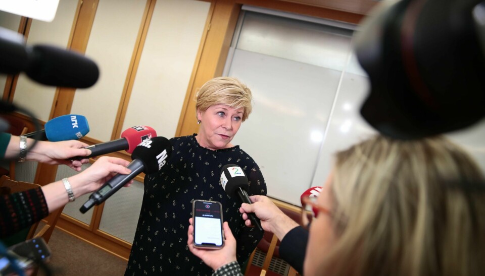 Oslo 20200115. Partileder og finansminister Siv Jensen etter gruppemøtet til Frp i Stortinget onsdag.Foto: Håkon Mosvold Larsen / NTB scanpix