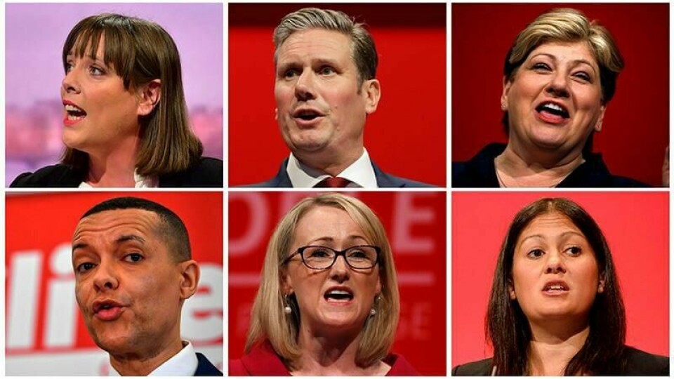 Disse seks hadde meldt seg på kampen: Øverst fra venstre: Jess Phillips, Keir Starmer, Emily Thornberry. Nederst fra venstre: Clive Lewis, Rebecca Long-Bailey, Lisa Nandy. Nå er Lewis ute.