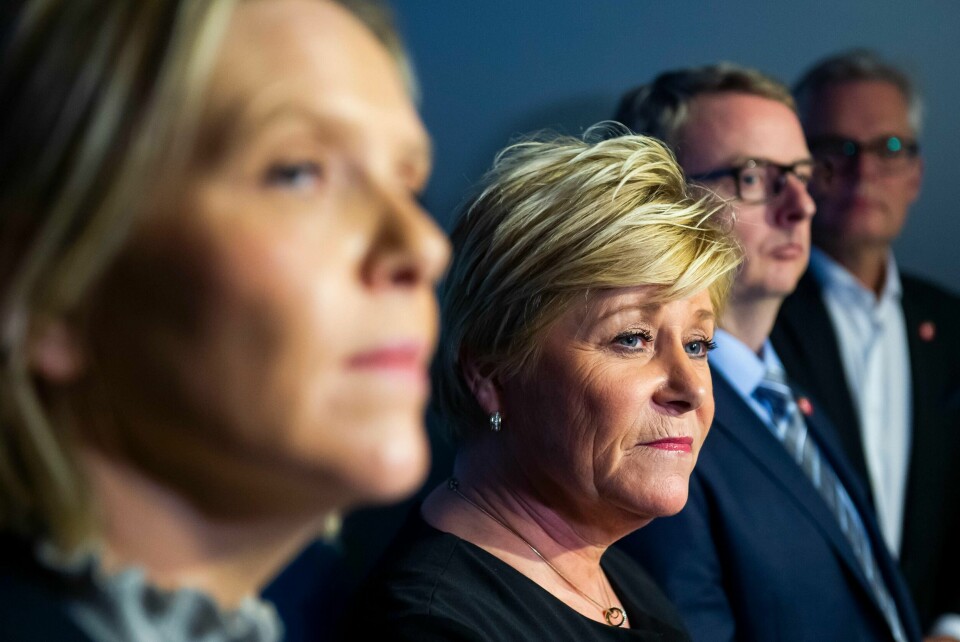 OSLO, NORGE 20200120. F.v.: nestleder Sylvi Listhaug, Frp-leder Siv Jensen, nestleder Terje Søviknes og parlamentarisk leder Hans Andreas Limi holder pressekonferanse der de forteller at partiet går ut av regjeringen. Pressekonferansen finner sted på en i partiets lokaler i Oslo mandag.Foto: Fredrik Varfjell / NTB scanpix