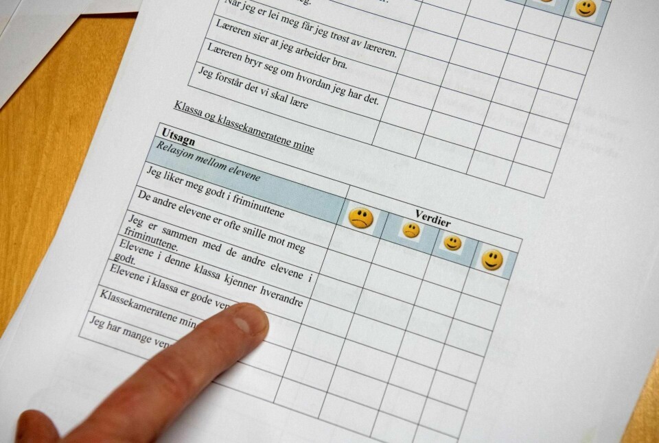 «Jeg blir ikke sint når jeg er på skolen. Læreren liker meg. Jeg sitter stille på plassen min.» Det er noen av spørsmålene fem-seksåringer skal besvare ved å sette sure- eller smilefjes på seg selv.