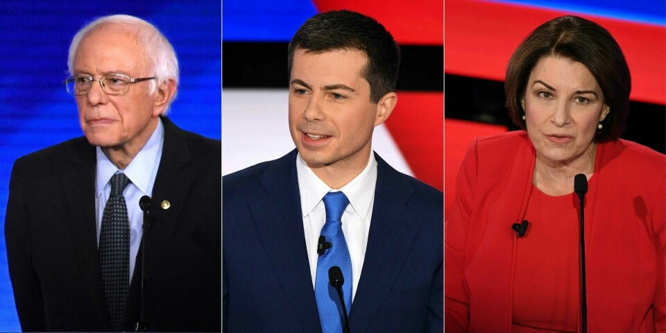 (COMBO) This combination of file pictures created on February 11, 2020 showsDemocratic presidential hopeful Vermont Senator Bernie Sanders (L) during the eighth Democratic primary debate in Manchester, New Hampshire, on February 7, 2020, and Democratic presidential hopefuls Mayor of South Bend, Indiana Pete Buttigieg (C) and Minnesota Senator Amy Klobuchar during the seventh Democratic primary debate in Des Moines, Iowa on January 14, 2020. - Bernie Sanders won New Hampshire's high-stakes Democratic primary on February 11, 2020, according to US network projections, leaving rivals including party stalwart Joe Biden in his wake as he staked his claim to challenge President Donald Trump in November. Indiana ex-mayor Pete Buttigieg finished in second place at 24 percent while Midwestern moderate Amy Klobuchar maintained a late surge to place third on about 20 percent. (Photos by Timothy A. CLARY and Robyn Beck / AFP) (COMBO) This combination of file pictures created on February 11, 2020 showsDemocratic presidential hopeful Vermont Senator Bernie Sanders (L) during the eighth Democratic primary debate in Manchester, New Hampshire, on February 7, 2020, and Democratic presidential hopefuls Mayor of South Bend, Indiana Pete Buttigieg (C) and Minnesota Senator Amy Klobuchar during the seventh Democratic primary debate in Des Moines, Iowa on January 14, 2020. - Bernie Sanders won New Hampshire's high-stakes Democratic primary on February 11, 2020, according to US network projections, leaving rivals including party stalwart Joe Biden in his wake as he staked his claim to challenge President Donald Trump in November. Indiana ex-mayor Pete Buttigieg finished in second place at 24 percent while Midwestern moderate Amy Klobuchar maintained a late surge to place third on about 20 percent. (Photos by Timothy A. CLARY and Robyn Beck / AFP)