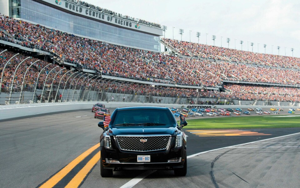 US President Donald Trump rides in his limousine, known as �the Beast,� as it took off at 3:11 pm ET on the Daytona International Speedway trailed by today�s NASCAR race cars during the Daytona 500 race on February 16, 2020 in Daytona, Florida. - They made a complete lap � a first with the full fleet of racing cars, according to a top NASCAR official. President Trump crossed the finish line. (Photo by Saul LOEB / POOL / AFP) US President Donald Trump rides in his limousine, known as �the Beast,� as it took off at 3:11 pm ET on the Daytona International Speedway trailed by today�s NASCAR race cars during the Daytona 500 race on February 16, 2020 in Daytona, Florida. - They made a complete lap � a first with the full fleet of racing cars, according to a top NASCAR official. President Trump crossed the finish line. (Photo by Saul LOEB / POOL / AFP)