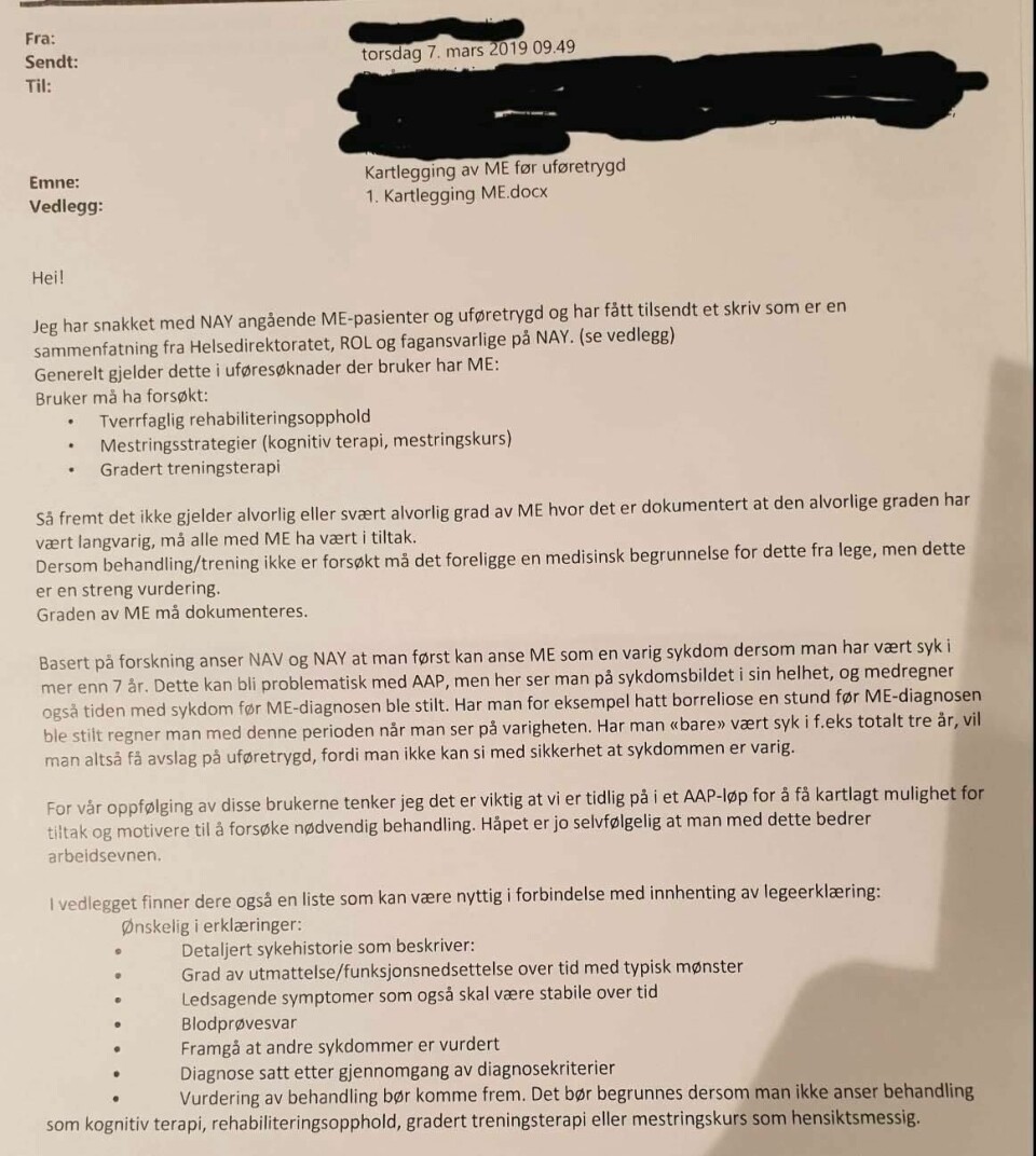 Slik begynner det interne Nav-skrivet fra Nav Tønsberg, der det går tydelig fram hvilke krav som stilles til ME-syke søkere av uføretrygd.