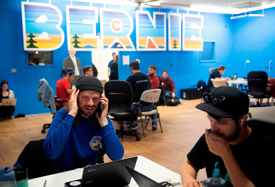 Phone bank volunteers call potential voters from the Colorado campaign office of Democratic presidential candidate Vermont Senator Bernie Sanders on Super Tuesday, March 3, 2020 in Denver, Colorado. - Fourteen states and American Samoa are holding presidential primary elections, with over 1400 delegates at stake. Americans vote Tuesday in primaries that play a major role in who will challenge Donald Trump for the presidency, a day after key endorsements dramatically boosted Joe Biden's hopes against surging leftist Bernie Sanders. The backing of Biden by three of his ex-rivals marked an unprecedented turn in a fractured, often bitter campaign. (Photo by Jason Connolly / AFP) Phone bank volunteers call potential voters from the Colorado campaign office of Democratic presidential candidate Vermont Senator Bernie Sanders on Super Tuesday, March 3, 2020 in Denver, Colorado. - Fourteen states and American Samoa are holding presidential primary elections, with over 1400 delegates at stake. Americans vote Tuesday in primaries that play a major role in who will challenge Donald Trump for the presidency, a day after key endorsements dramatically boosted Joe Biden's hopes against surging leftist Bernie Sanders. The backing of Biden by three of his ex-rivals marked an unprecedented turn in a fractured, often bitter campaign. (Photo by Jason Connolly / AFP)