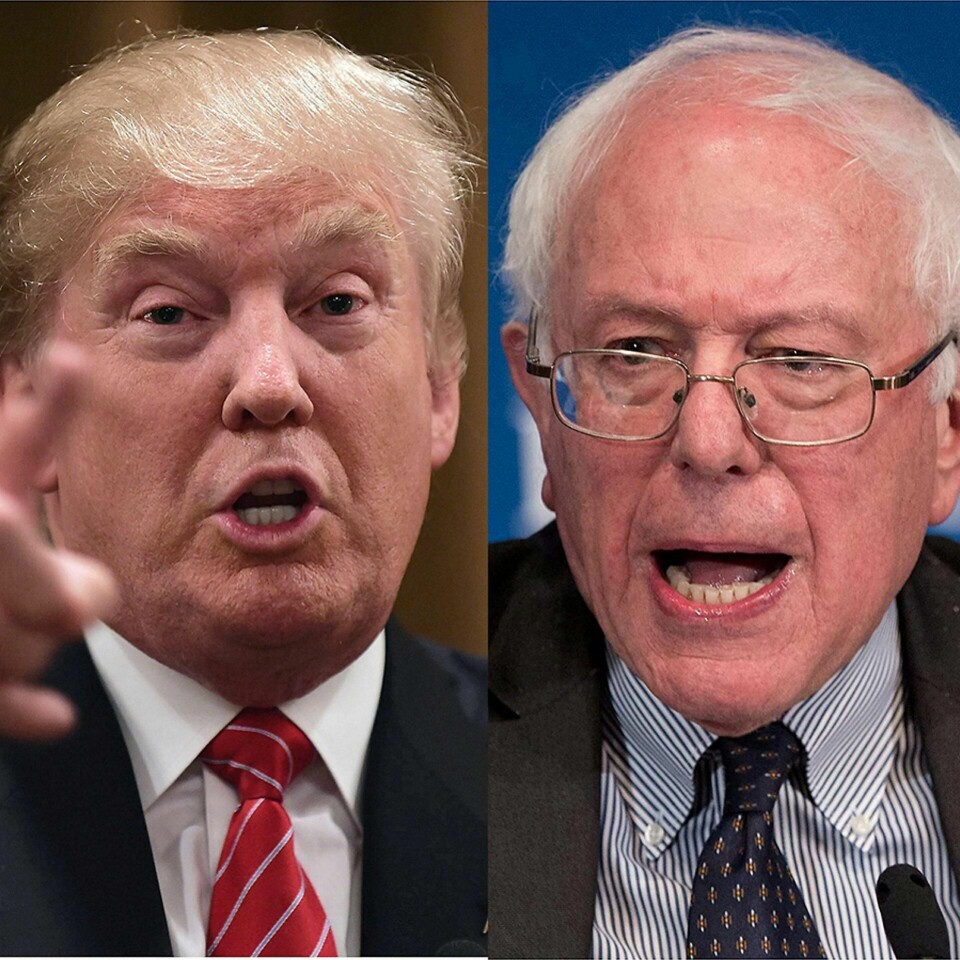 Mennesker dras mot ytterkantene. I USA kan det ende med den mest populistiske og høyrevridde presidenten i manns minne (Donald Trump, t.v.) mot den mest venstrevridde motkandidaten (Bernie Sanders, t.h.) i presidentvalget i USA. Foto: NTB scanpix