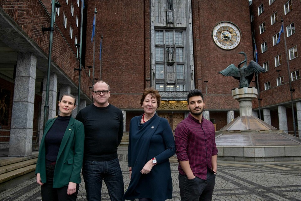 F.v. Sirin Stav i Oslo MDG, Frode Jacobsen i Oslo Ap, ordfører Marianne Borgen (SV) og Siavash Mobasheri i Oslo Rødt.