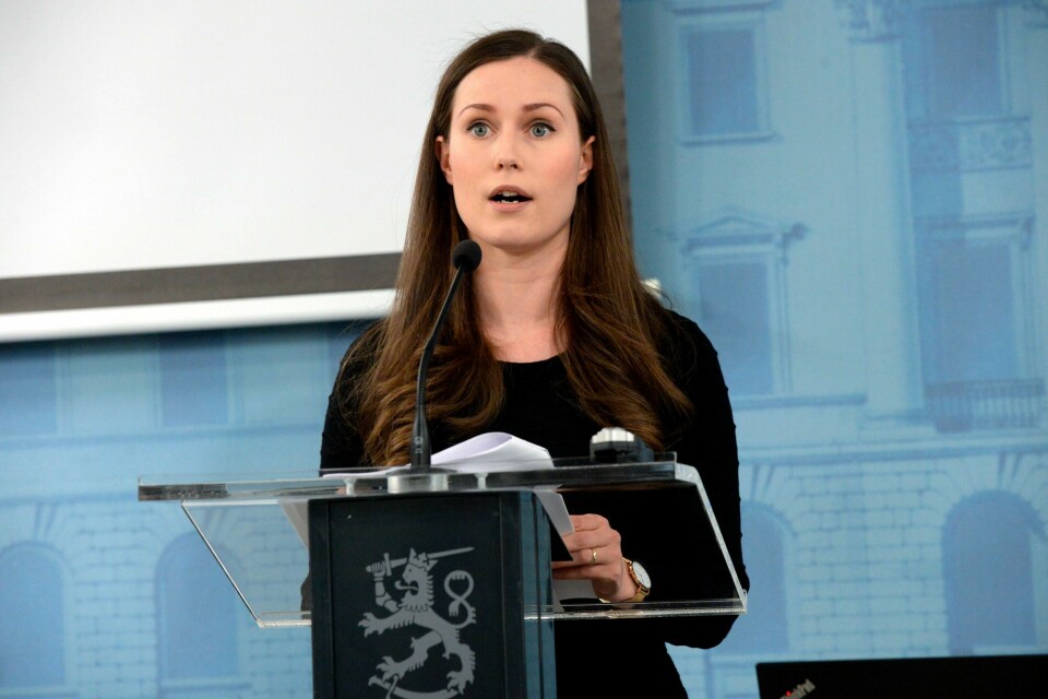 Finlands statsminister Sanna Marin på tirsdagens pressekonferanse om koronaepidemien i Helsingfors.