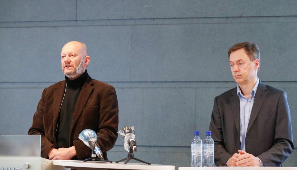 Administrerende direktør Stein Lier-Hansen (t.v.) og Norsk Industris direktør for bransje- og industripolitikk Knut E. Sunde på en pressekonferanse tirsdag der de legger frem oppdatert situasjonsanalyse for industrien.