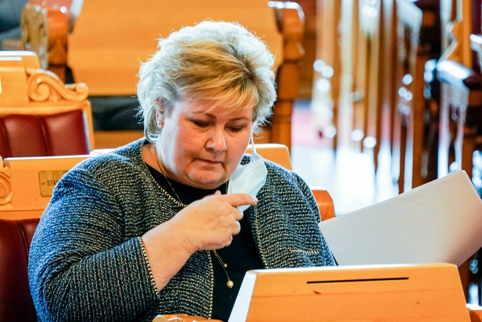 Statsminister Erna Solberg på Stortinget onsdag, hvor hun skal skissere en plan for hvordan Norge skal åpne igjen. Erna Solberg holder redegjørelse om gjenåpning.