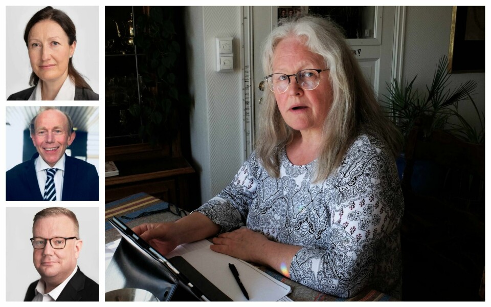 Til venstre: Advokatene Gro Sandvold, Helge Dolsvåg og Olav Lægreid. Til høyre, AAP-aksjonens leder, Elisabeth Thoresen. Thoresen er bosatt i Drammen. Elisabeth Thoresen, Olav Lægreid, spesialister på trygderett