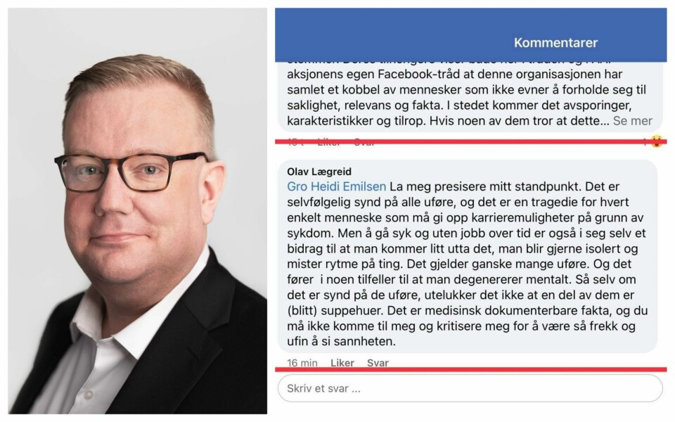 Advokat Olav Lægreid skaper reaksjoner etter at han i helga har publisert flere nedsettende kommentarer om uføre. Advokat Olav Lægreid skaper reaksjoner etter at han i helga har publisert flere nedsettende kommentarer om uføre.