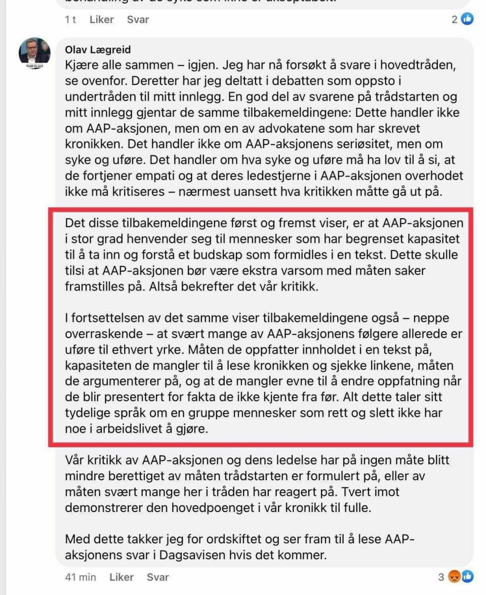 Advokat Olav Lægreid uttaler seg om uføre på Facebook. Advokat Olav Lægreid kaller uføre for suppehoder.