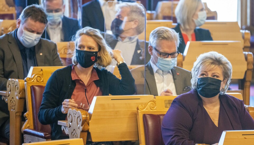 Statsminister Erna Solberg tilstede under den muntlige spørretimen på Stortinget onsdag. Erna Solberg