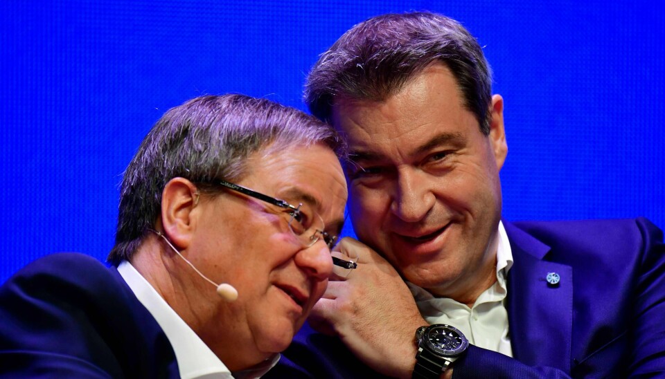 God stemning mellom de to rivalene CDU-leder Armin Laschet (til venstre) og CSU-leder Markus Söder, her fra et tidligere møte 27. april 2019. CDU-leder Armin Laschet (til venstre) og CSU-leder Markus Söder, her fra et tidligere møte 27. april 2019.