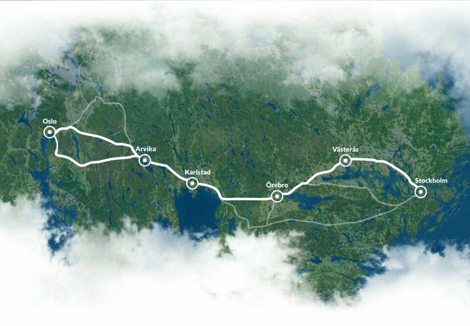 Slik ser selskapet Oslo-Sthlm 2.55 for seg at den nye og langt raskere traseen mellom Oslo og Stockholm skal bli. Slik ser selskapet Oslo-Sthlm 2.55 for seg at den nye og langt raskere traseen mellom Oslo og Stockholm skal bli.