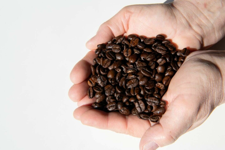 Kaffebønner, muligens markedsført som espresso En håndfull kaffebønner