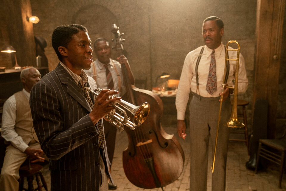 Ma Rainey's Black Bottom. Glynn Turman (fra venstre), Oscar-nominerte Chadwick Boseman, Michael Potts og Colman Domingo i Ma Raineys Black Bottom.
