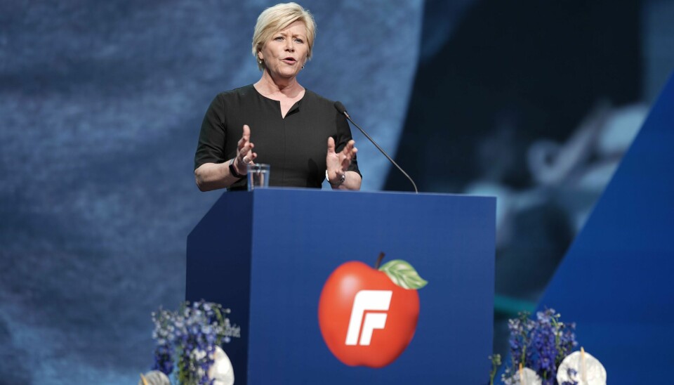 Avtroppende Frp-leder Siv Jensen holder tale på Frps landsmøte lørdag formiddag. Avtroppende Frp-leder Siv Jensen holder tale på Frps landsmøte lørdag formiddag. Foto: Stian Lysberg Solum / NTB