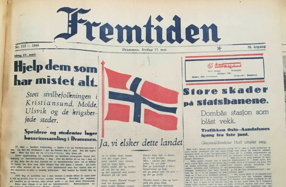 Fremtiden 17. mai 1940 brakte et norsk flagg i farger og hele teksten til Norges nasjonalsang som en ren provokasjon mot den tyske okkupasjonsmakten. Avisen Fremtiden 17. mai 1940