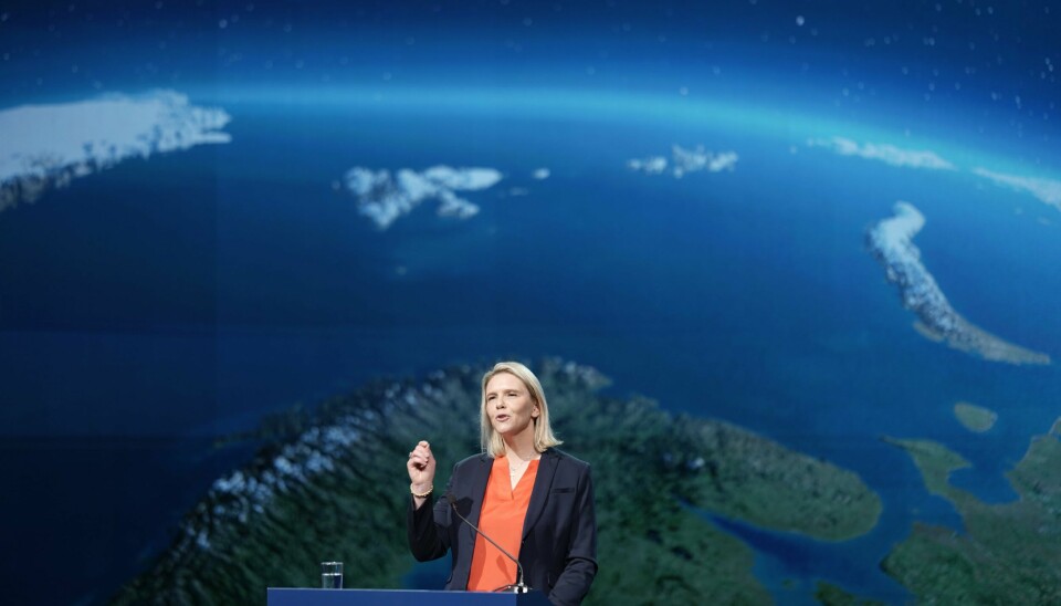 Sylvi Listhaug holder første tale som partileder i Frp under det digitale landsmøtet på Gardermoen. Sylvi Listhaug gikk hardt ut mot å bruke penger på klimatiltak i sin første tale som Frp-leder. Foto: Stian Lysberg Solum / NTB