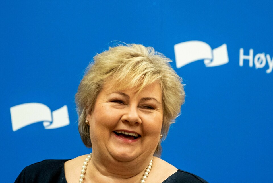 Høyres leder og statsminister Erna Solberg på pressetreff i forkant av Høyres landsmøte.