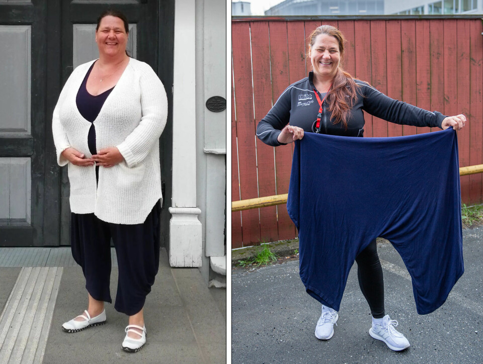 Nina Olsens forvandling har vært merkbar både mentalt og fysisk. Buksen hun holder er den samme hun hadde på seg på bildet til venstre. Nina Olsen fra Rygge gikk ned 57 kilo på litt over ett år. Buksen hun holder er den samme hun hadde på seg på bildet til venstre.