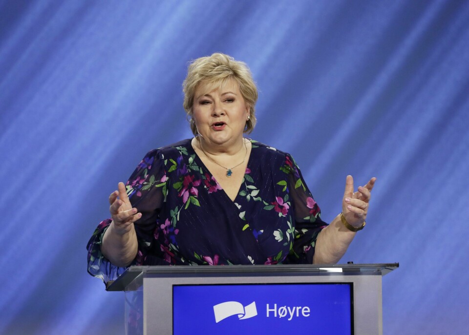 Statsminister Erna Solberg holder sin tale under åpningen av Høyres digitale landsmøte, som i år er lagt til Thon Hotel Opera. Statsminister Erna Solberg holder sin tale under åpningen av Høyres digitale landsmøte, som i år er lagt til Thon Hotel Opera.