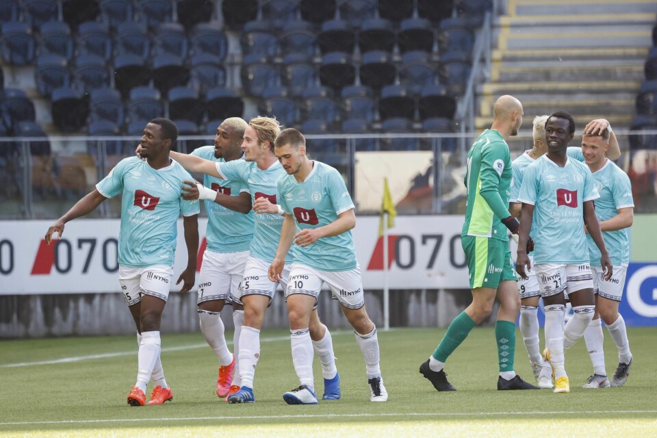 Akeem Latifu feirer sitt mål for Jerv mot Start. Akeem Latifu feirer sitt mål for Jerv mot Start. Foto: Tor Erik Schrøder / NTB