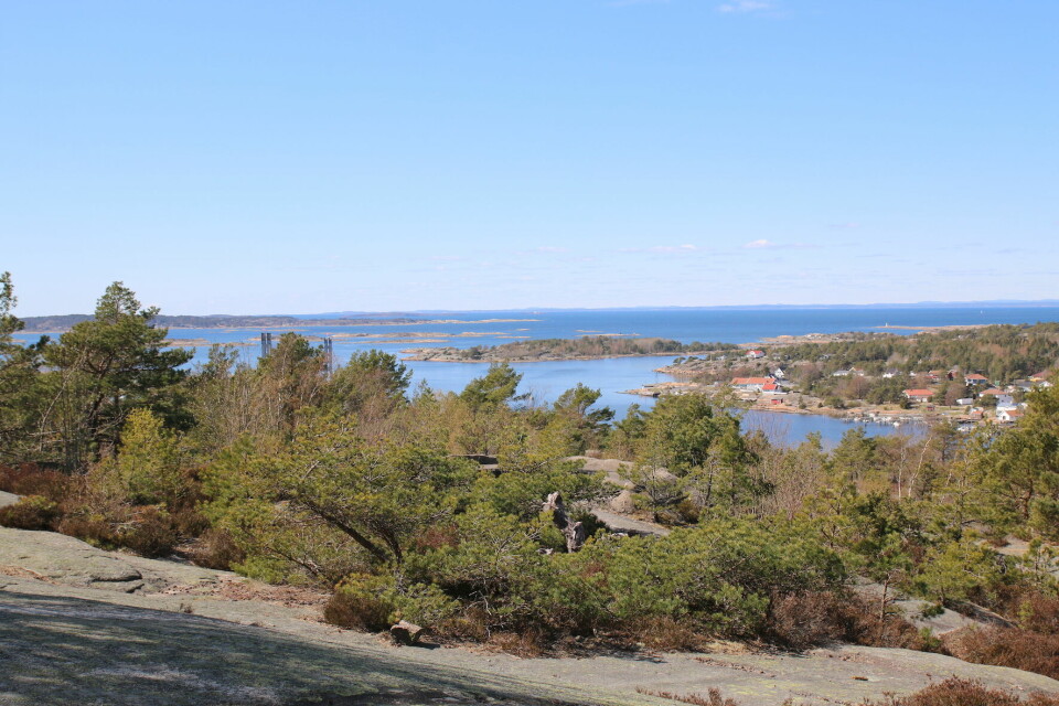 Utsikt fra fjellet vest for bronsealderrøysa. Skams Klove, Kråkerøy
