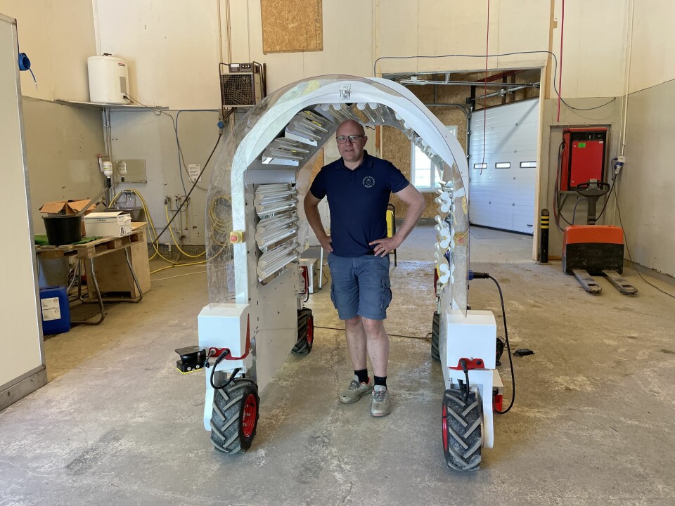 Dette er roboten som går i tunnelene hver natt og dreper tilløp til sopp på plantene med ultrafiolette stråler. I løpet av tre år vil plukkerne bli erstattet av en robot som ligner på denne, men med «plukkehender.» Dette er roboten som går i tunnelene hver natt og dreper tilløp til sopp på plantene med ultrafiolette stråler. I løpet av tre år vil plukkerne bli erstattet av en robot som ligner på denne, men med «plukkehender.»
