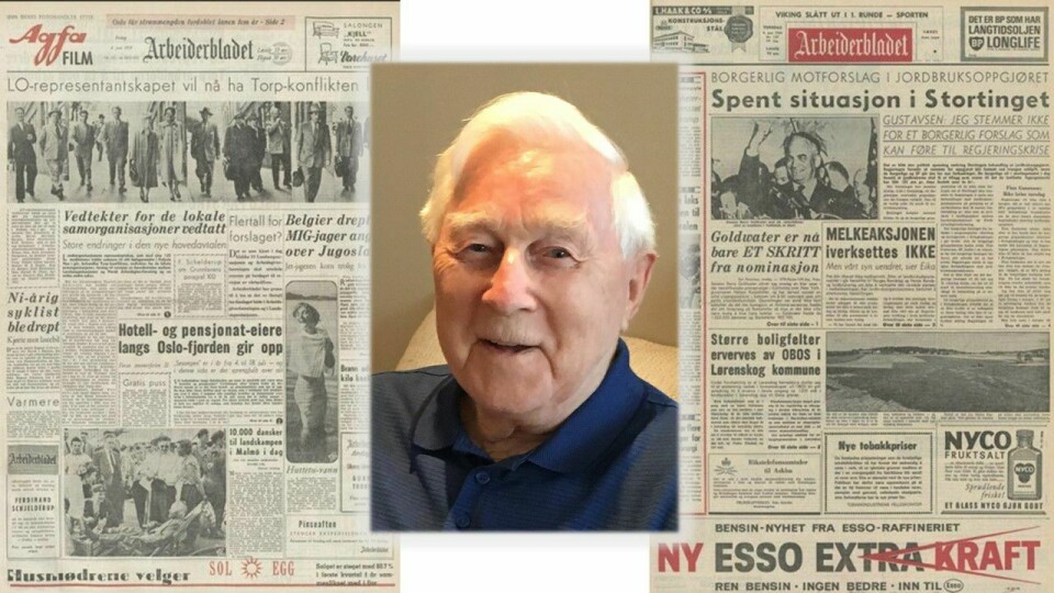 Arne Bakke fra Halden fyller 90 år og har vært Dagsavisen (Arbeiderbladet)-abonnent siden 1954. Her er førstesidene fra denne datoen i 1954 og 1964 Dagsavisen-abonnent Arne Bakke og avisene fra 4. juni 1954 og 1964.