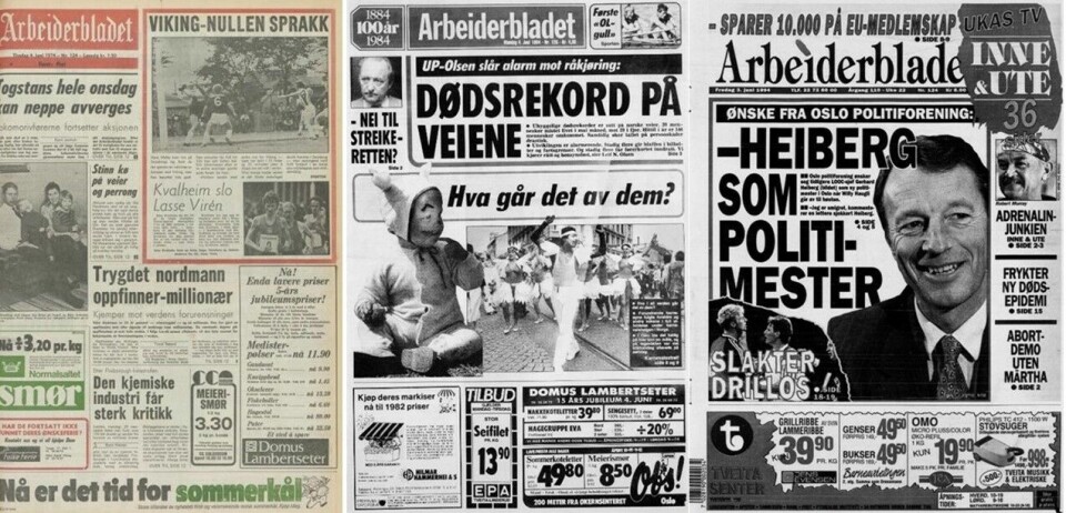 Avisene som Arne Bakke fikk hjem på denne dagen i 1974, 1984 og 1994. Dagsavisen fra denne datoen i 1974, 1984 og 1994.