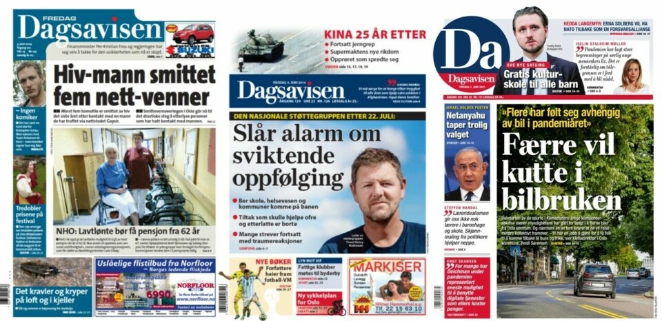 Avisene som Arne Bakke fikk hjem på denne dagen i 2004 og 2014, samt tirsdag denne uka i 2021. Dagsavisen fra 2004, 2014 og 2021