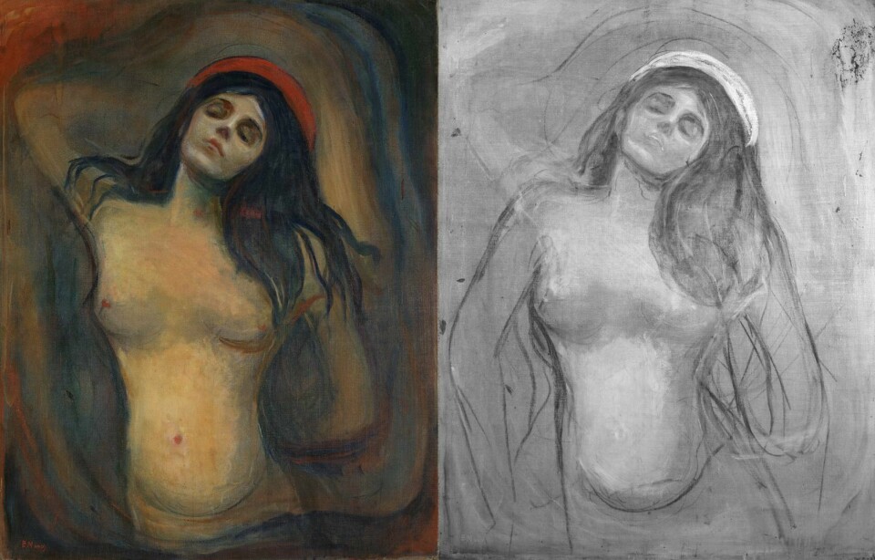 En skjult skisse under overflaten på Edvard Munchs Madonna viser hvordan kunstneren eksperimenterte før maleriet fant sin endelige form. En skjult skisse under overflaten på Edvard Munchs Madonna viser hvordan kunstneren eksperimenterte før maleriet fant sin endelige form. Foto: Børre Høstland