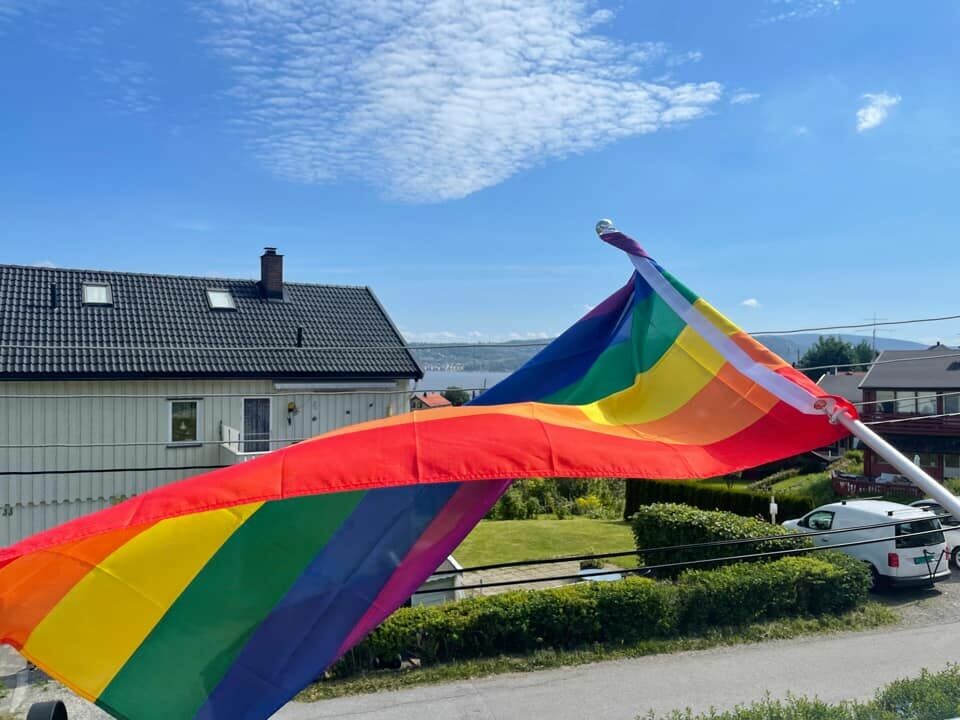 Hver dag deler nye folk på Facebook-gruppa for bydelen Åskollen pride-flagget som veiver i vinden. Pride i Drammen. Er Åskollen Norges mest inkluderende bydel?