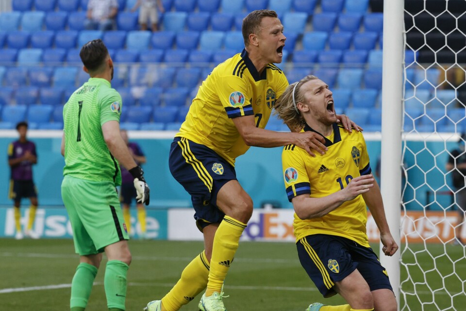 Emil Forsberg jubler for scoring på straffespark mot Slovakia. Emil Forsberg jubler for scoring på straffespark mot Slovakia. Foto: Anatoly Maltsev / AP / NTB