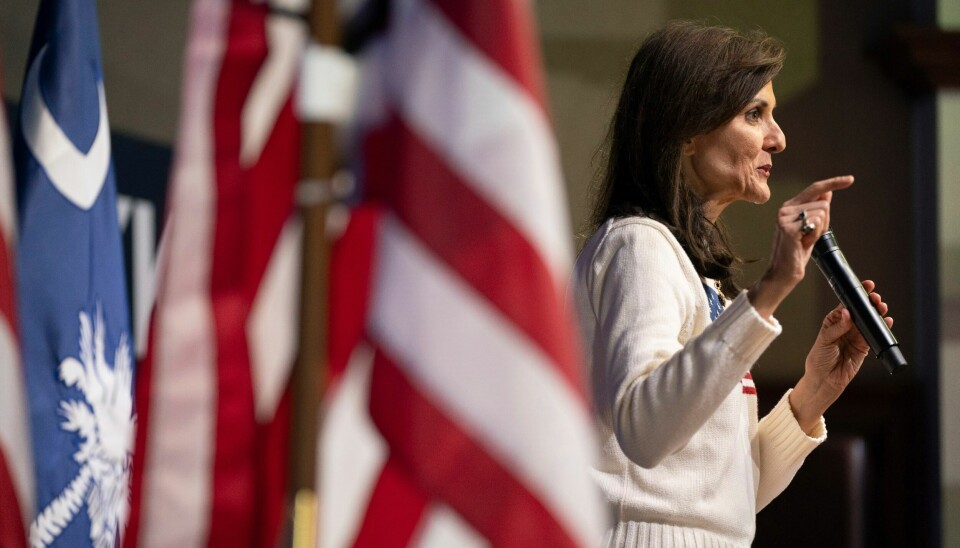 Nikki Haley er hoderystende til Trumps Nato-utspill. Republican presidential candidate former UN Ambassador Nikki Haley speaks during a campaign event at the Orangeburg Mall Sunday, Feb. 11, 2024, in Orangeburg, S.C. South Carolina Republicans will participate in their primary on Feb. 24. (AP Photo/Sean Rayford) (also added a period after second Feb.)