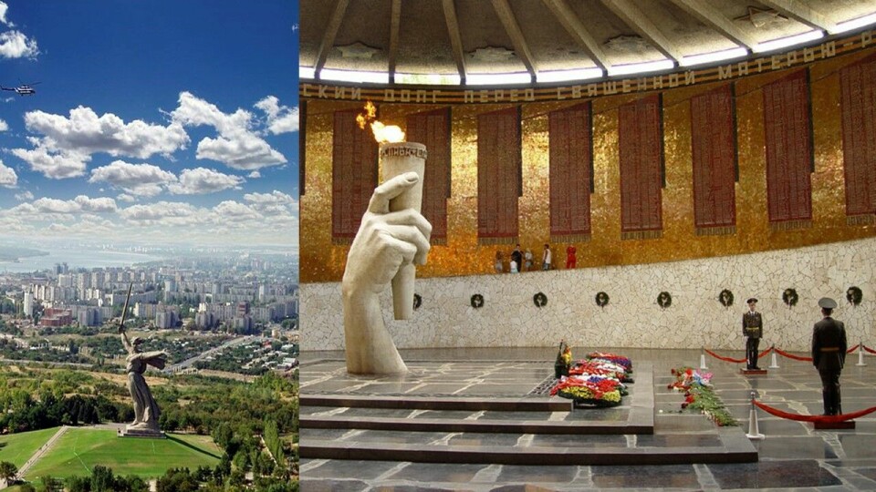 Mamayev Kurgan er en høyde over den russiske byen Volgograd, der det avgjørende slaget i 2. verdenskrig ble vunnet over Nazi-Tyskland. På toppen finnes statuen over Moder Russland med sverd, den ukjente soldats grav og en evig flamme som brenner til minne om alle som mistet livet. Bilde av statue og minnesmerke etter 2. verdenskrig.