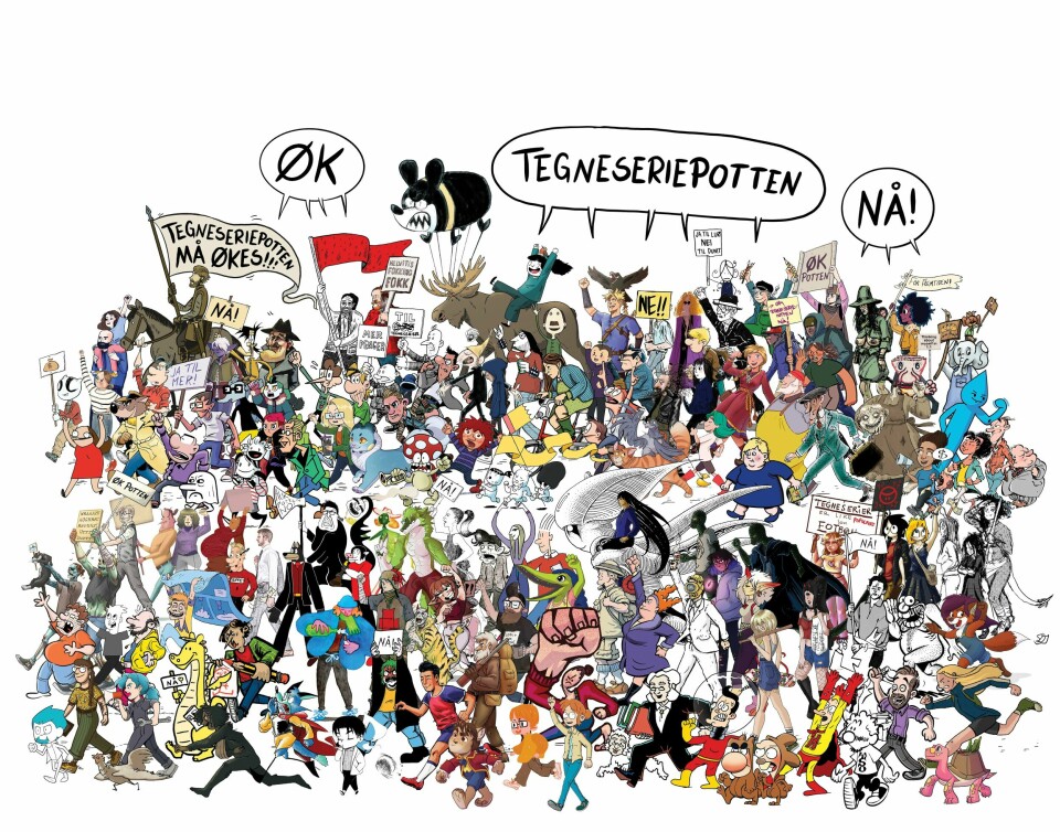 Vi serieskapere kan ikke bære bransjen alene. Dessverre har vi ikke like store muskler som tegneseriefigurene våre, skriver innleggsforfatterne. Over 100 tegneserieskapere har bidratt til tegneserietoget. Over 100 tegneserieskapere har bidratt til tegneserietoget.