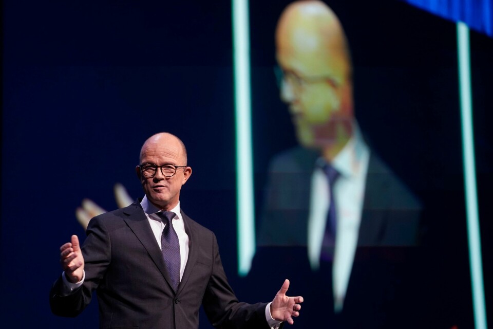 NHO-sjef Ole Erik Almlid på NHOs årskonferanse i Oslo Spektrum tirsdag. NHO-sjef Ole Erik Almlid inviterer regjeringa, akademia og næringslivet til eit digitalt krafttak.Foto: Terje Pedersen / NTB / NPK