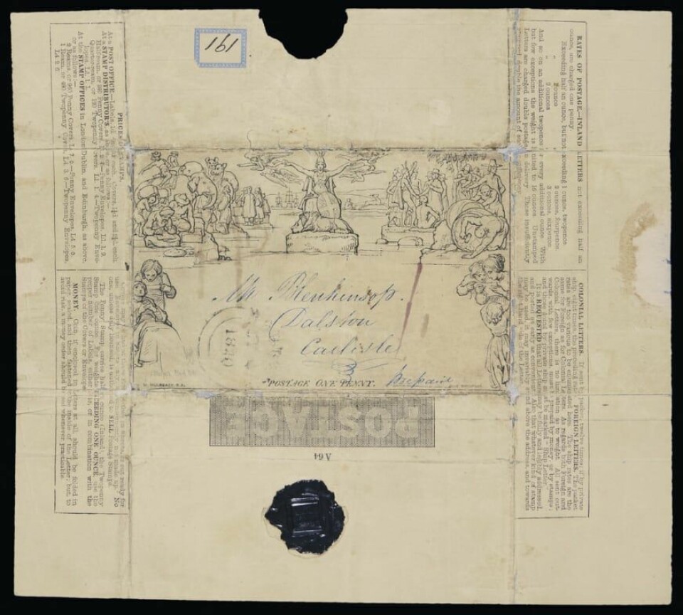 Postforsendelsen ble sendt videre 4. mai 1840, da som en såkalt «Mulready». Dette var illustrerte brevark og konvolutter som ble innført samtidig som frimerker. Postforsendelsen ble sendt videre 4. mai 1840, da som en såkalt «Mulready». Dette var illustrerte brevark og konvolutter som ble innført samtidig som frimerker.