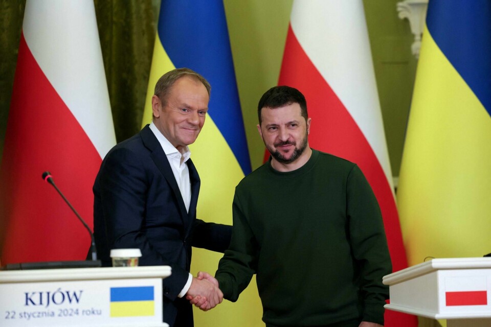 Ukrainas president Volodymyr Zelenskyj (t.h.) og Polens statsminister Donald Tusk under sistnevntes besøk i Kyiv mandag. Ukrainian President Volodymyr Zelenskiy and Polish Prime Minister Donald Tusk attend a joint press conference, amid Russia's attack on Ukraine, in Kyiv, Ukraine January 22, 2024. REUTERS/Gleb Garanich