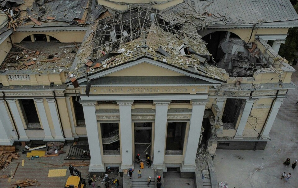 Katedralen i den historiske gamlebyen i Odesa er et av kulturstedene som er hardest skadet under krigen i Ukraina. FILE PHOTO: A view shows the Transfiguration Cathedral damaged by Russian missile strike, amid Russia's attack on Ukraine, in Odesa, Ukraine July 23, 2023. REUTERS/Yan Dobronosov/File Photo