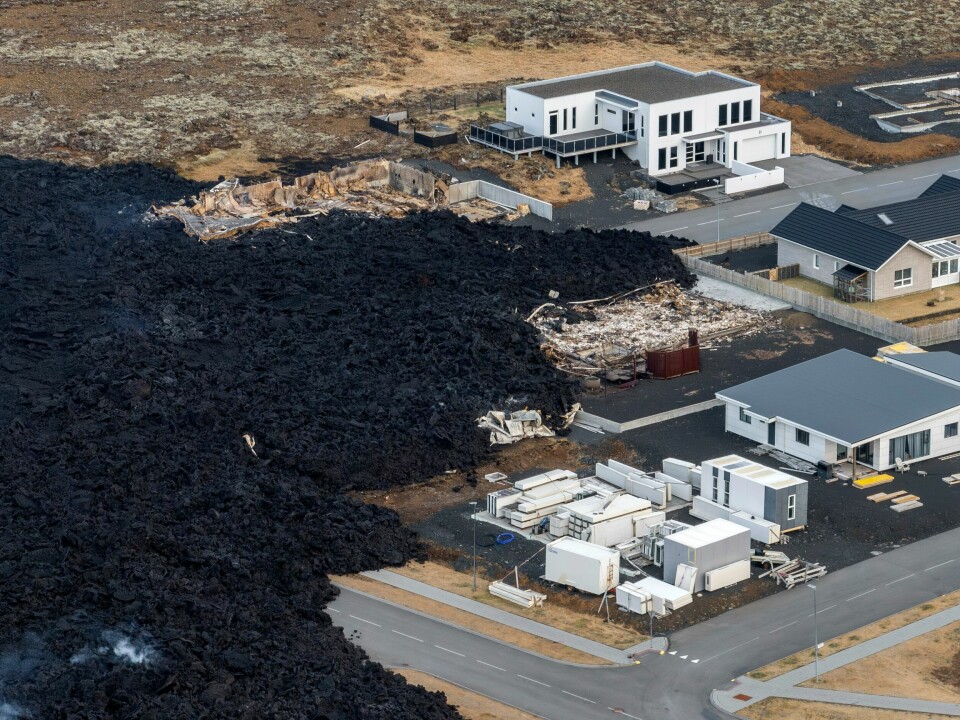 Det ferskeste vulkanutbruddet har så langt ikke rammet Grindavik. Men byen er sterkt preget av utbruddet forrige måned, som nådde bebyggelsen og forårsaket store skader. An areal view of the lava field with inactive southern fissure next to the town of Grindavik, Iceland, Monday, Jan. 15, 2024. Iceland's president says the country is battling 'tremendous forces of nature' after molten lava from a volcano consumed several houses in the evacuated town of Grindavik. (AP Photo/ Marco Di Marco)