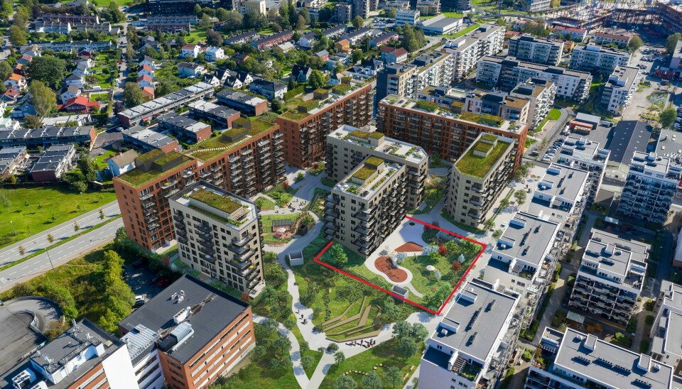 Her vil den nye barnehagen i Løren Botaniske ligge (markert i rødt) Narn