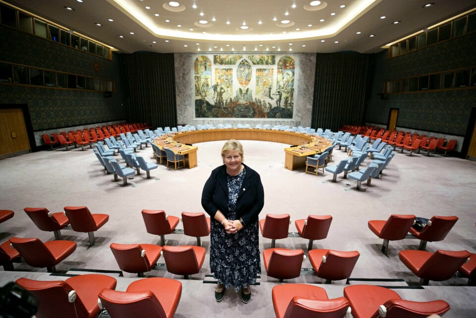 Statsminister Erna Solberg (H) i sikkerhetsrådssalen i FN i 2018. Norge har jobbet målrettet i mange år for å sikre seg en plass og en stemme her de neste to årene. Foto: Pontus Höök / NTB scanpix