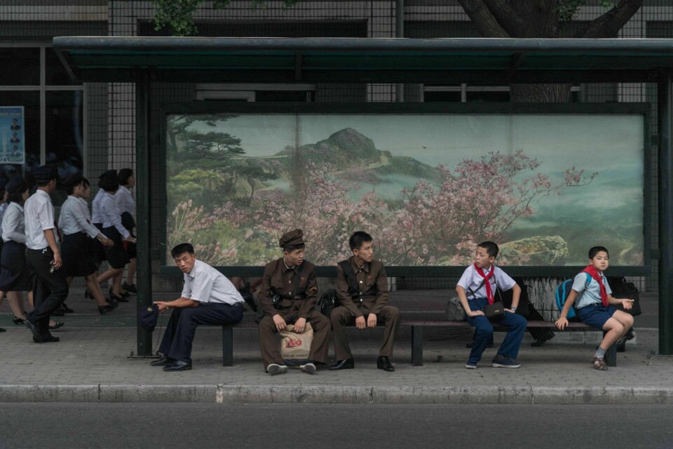 Mennesker venter på bussen i Pyongyang, i 2017. Ifølge hemmelige kilder er matmangelen i Nord-Korea nå så stor at folk sulter i hjel. In a photo taken on July 25, 2017, people wait at a trolley bus stop in Pyongyang.Buses and trams are by far the most common means of public transport in the capital of around three million people, where access to private cars is rare, and offer the most extensive network. Tickets cost five won each - less than 0.1 US cents at free-market rates. / AFP PHOTO / Ed JONES