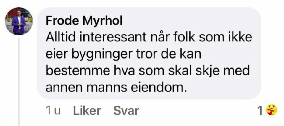Skjermdump av Facebook-kommentaren fra Frode Myrhol. Skjermdump av Facebook-kommentaren fra Frode Myrhol.