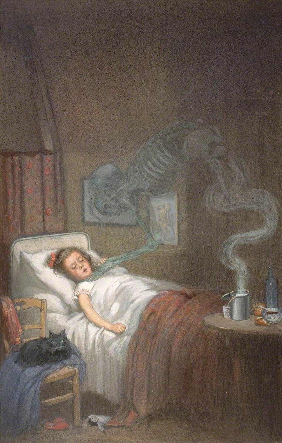 ; A Ghostly Skeleton Trying to Strangle a Sick Child; Representing Diphtheria; Wellcome Collection; http://www.artuk.org/artworks/a-ghostly-skeleton-trying-to-strangle-a-sick-child-representing-diphtheria-240735 En sand morderengel for barn ble difterien kalt i Stavanger aftenblad. Her ser vi hvordan Richard Tennant Cooper forestilte seg difteridøden.